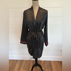 Apt. 9 Black and White Silky Polka Dot Robe With Pink Piping Knee Length Size L